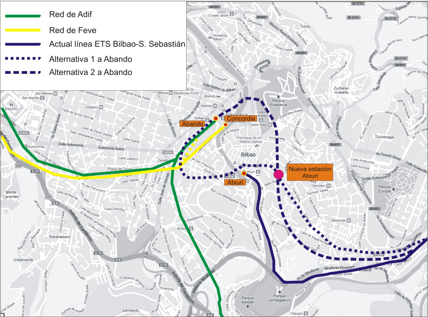 Alternativas de conexión de las líneas de Euskotren hacia Abando. Elaborado por Vía Libre a partir de datos de ETS