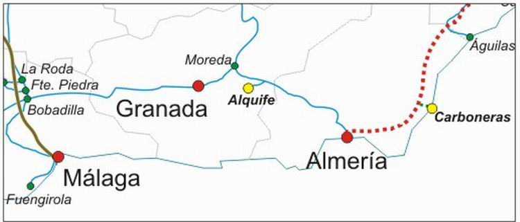 Localización de la mina de Alquife y las vías ferroviarias.
