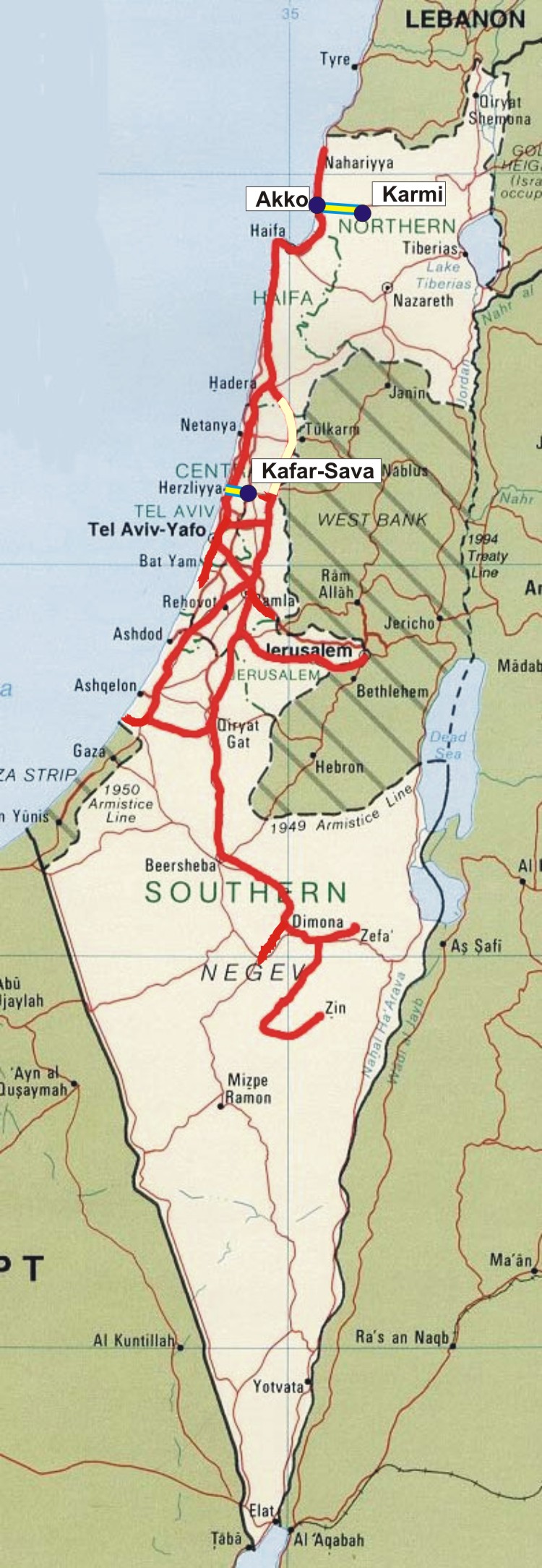 Mapa de la red ferroviaria israelí, con los nuevos tramos que serán electrificados, al norte y en el centro, junto a la capital Tel Aviv. Edición Vía Libre.