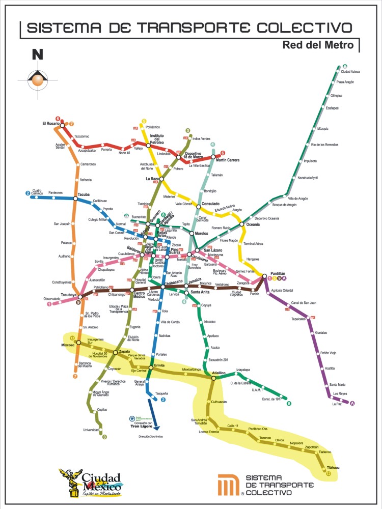 Mapa de la red de Metro de la Ciudad de México. Resalta en color amarillo, la línea 12. Edición Vía LIbre.