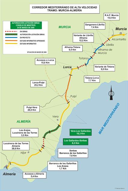 Plano general de la línea Murcia-Almería. En color verde los tramos de Vera a Sorbas