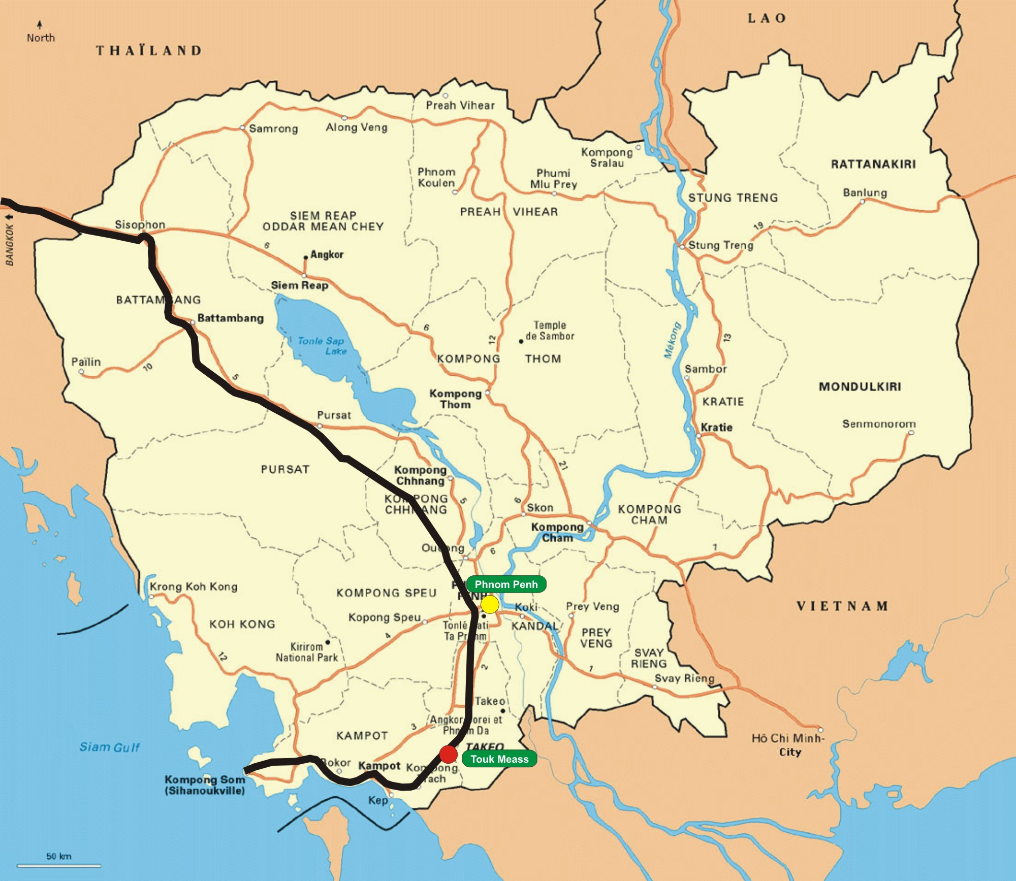 Mapa de Camboya y su red ferroviaria, resaltando el tramo que fue puesto en servicio entre la capital y Toyk Meas. Vía Libre.