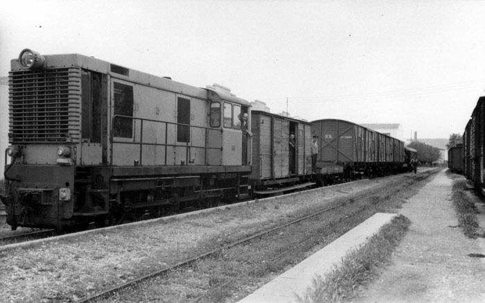 Tren de ensayos para el transporte de vagones de va ancha sobre va mtrica fotografiado en Dnia. Archivo de Vicent Ferrer i Hermenegildo