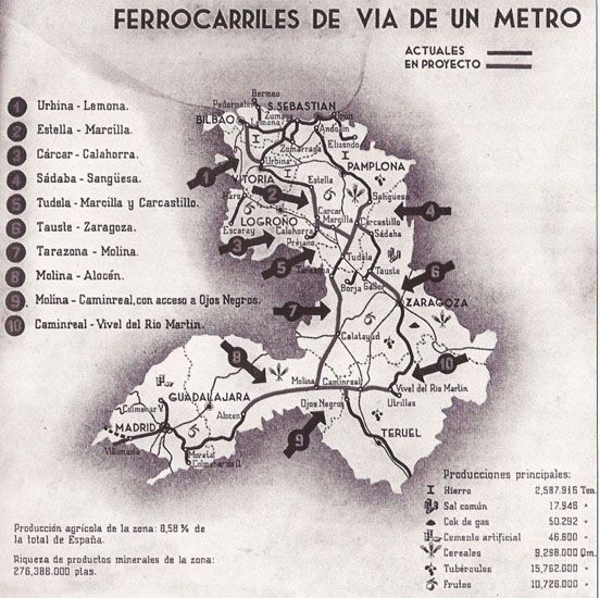 Proyecto de enlaces de los ferrocarriles de v�a m�trica del Cant�brico, el Mediterr�neo y el centro pen�nsular, en el que el tren de las Cinco Villas habr�a jugado un papel fundamental. Foto Archivo EuskoTren/Museo Vasco del Ferrocarril.