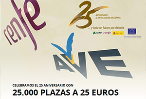 Renfe vuelve poner a la venta el lunes 25.000 billetes promocionales de AVE a veinticinco euros 